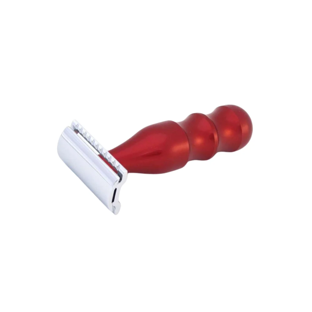 Front view of the Merkur Safety Razor Design Red, showcasing its sleek chrome finish with a bold red handle.