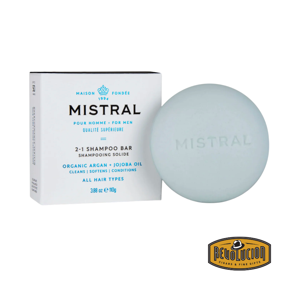 Mistral 2-in-1 Solid Shampoo Bar – 110g rectangular bar with minimalist packaging, crafted for both hair cleansing and conditioning.