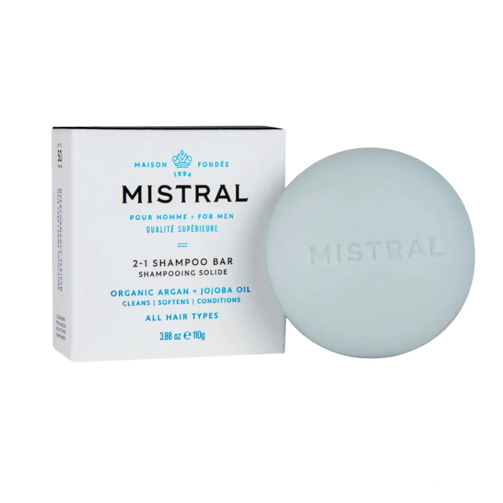 Mistral 2-in-1 Solid Shampoo Bar – 110g rectangular bar with minimalist packaging, crafted for both hair cleansing and conditioning.