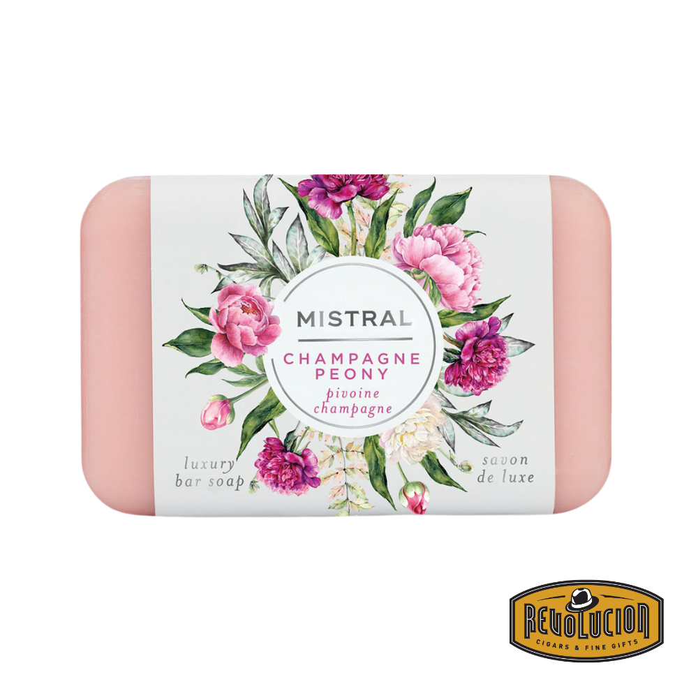 Mistral Champagne Peony Soap Bar 200g – elegant floral soap bar with a soft blush tone, blending the delicate scent of peony with hints of sparkling champagne.