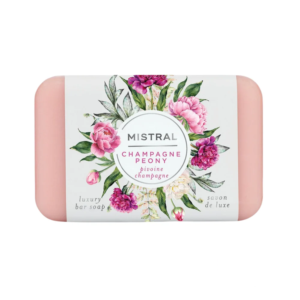 Mistral Champagne Peony Soap Bar 200g – elegant floral soap bar with a soft blush tone, blending the delicate scent of peony with hints of sparkling champagne.