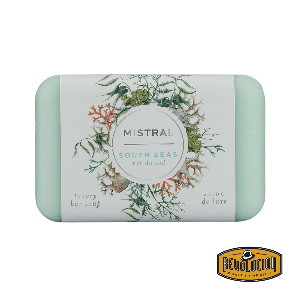 Mistral South Seas Soap Bar 200g – ocean-blue French-milled soap bar evoking a fresh, coastal fragrance inspired by tropical waters.