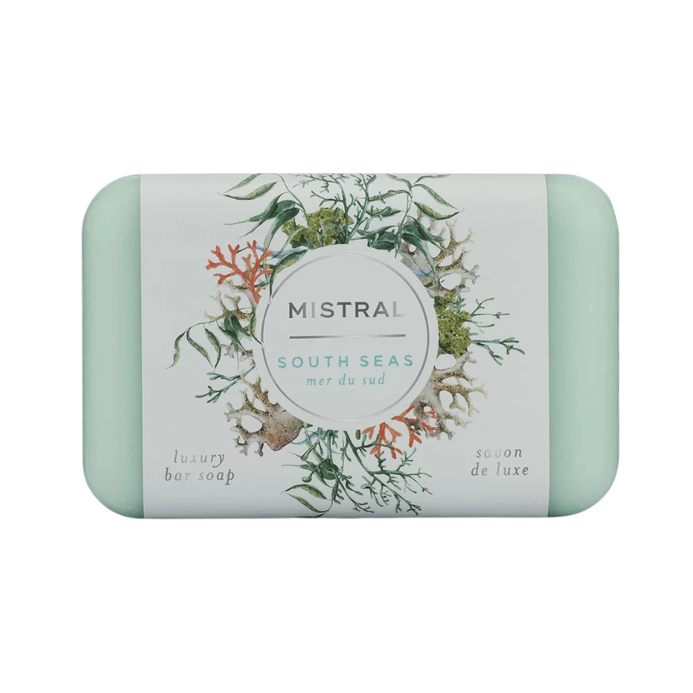 Mistral South Seas Soap Bar 200g – ocean-blue French-milled soap bar evoking a fresh, coastal fragrance inspired by tropical waters.