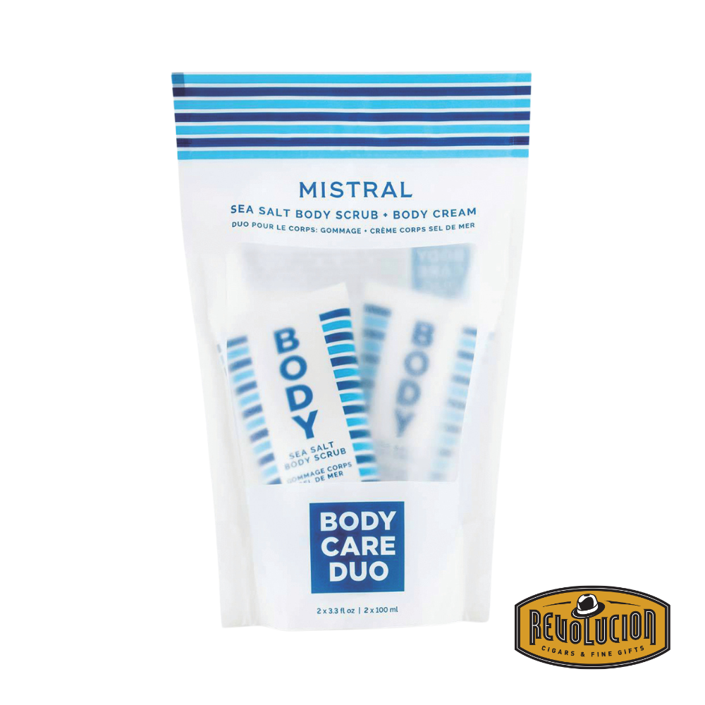 Mistral Body Care Duo – a beautifully packaged set featuring a body wash and body lotion, elegantly presented for a premium grooming experience.