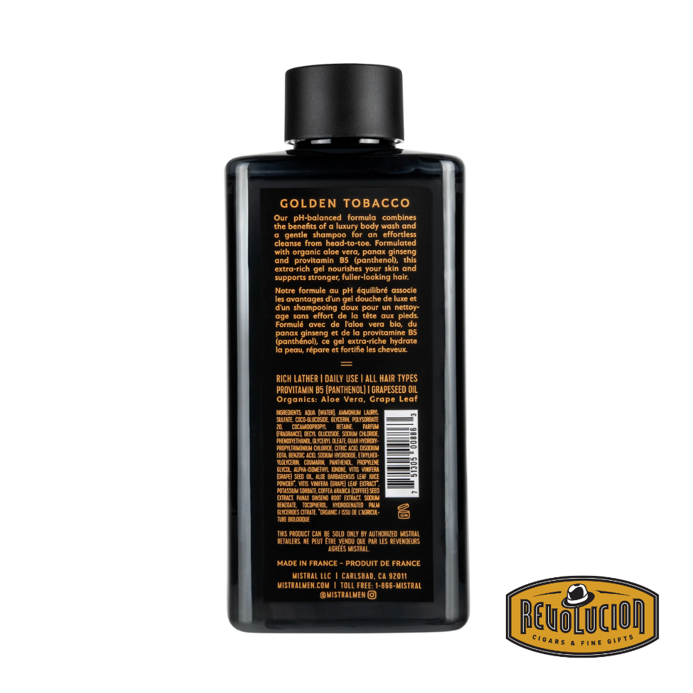 Back view of Mistral Men's Body Wash Golden Tobacco 400ml – showcasing product details and ingredients on a clean, modern label.