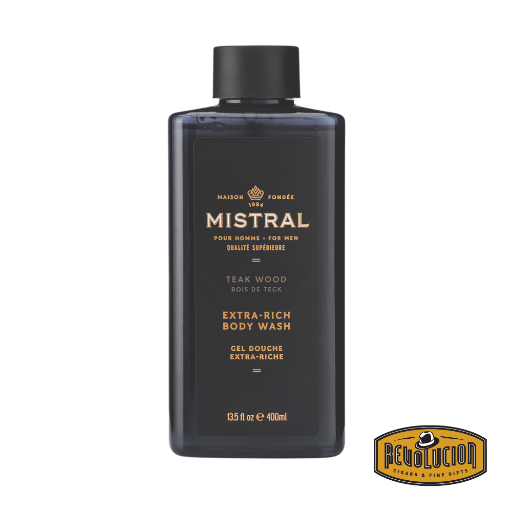 Mistral Men's Body Wash Teak Wood 400ml – stylish amber bottle with black cap, crafted for a premium bathing experience.