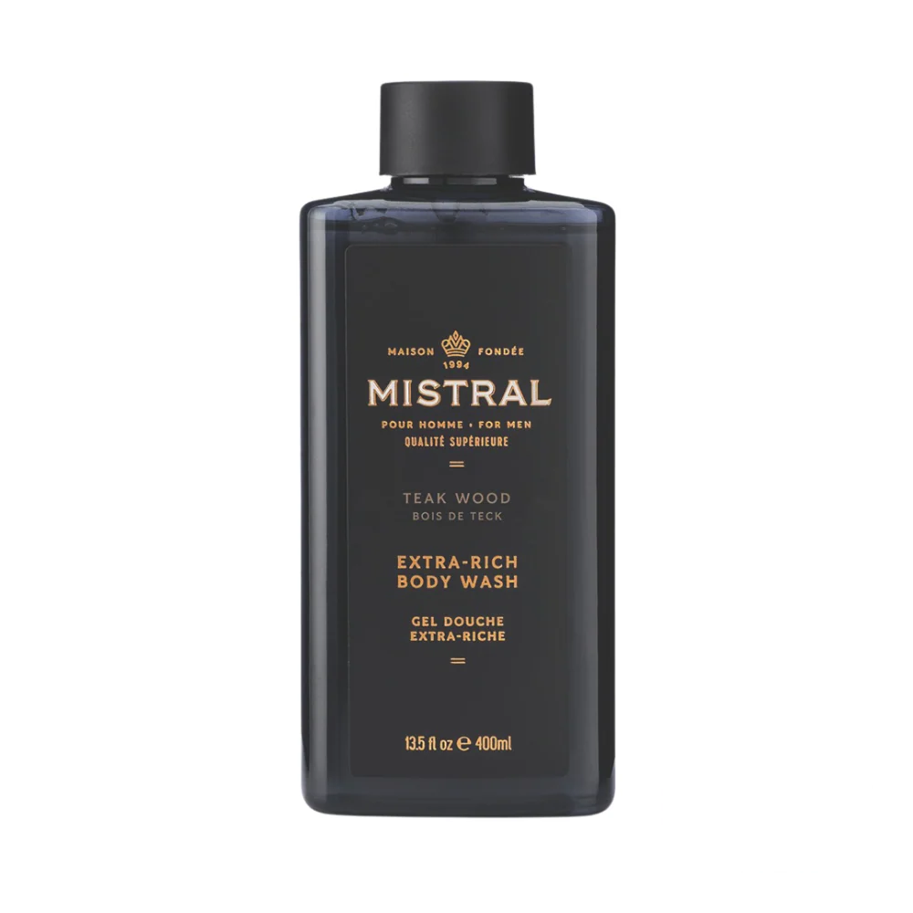 Mistral Men's Body Wash Teak Wood 400ml – stylish amber bottle with black cap, crafted for a premium bathing experience.
