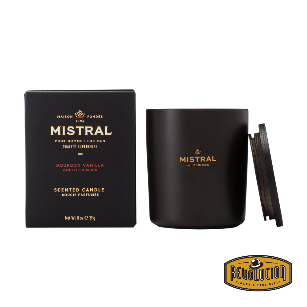 Mistral Bourbon Vanilla Men's Ceramic Luxury Candle – An 11oz premium candle infused with the rich, warm scent of bourbon and vanilla. Housed in a sleek black ceramic vessel with a refined wooden lid for a sophisticated touch.