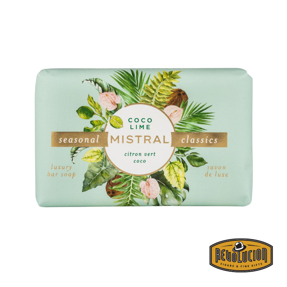 Mistral Coco Lime Soap Bar 200g – a vibrant soap bar wrapped in elegant packaging, infused with the tropical freshness of coconut and zesty lime for a refreshing cleansing experience.