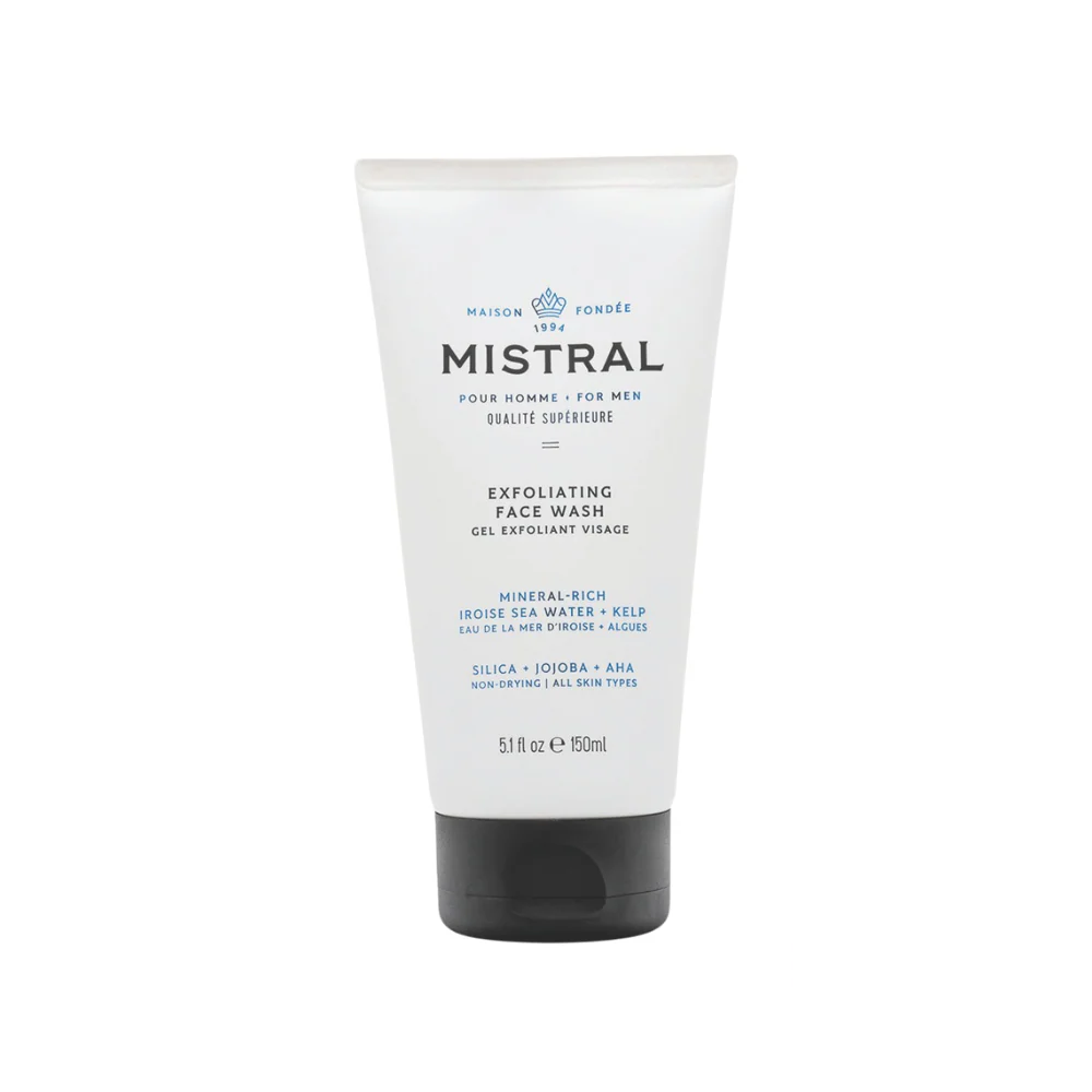 Mistral Men's Exfoliating Face Wash – a sleek, masculine tube designed for deep cleansing and rejuvenation of men's skin.