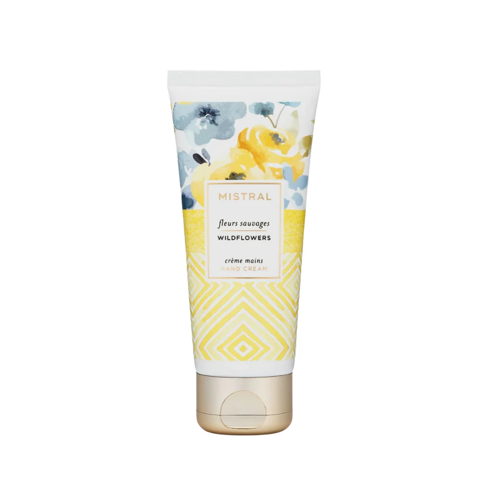 Mistral Hand Cream Wild Flowers – beautifully designed tube featuring floral accents and elegant typography, ideal for nourishing and hydrating hands.