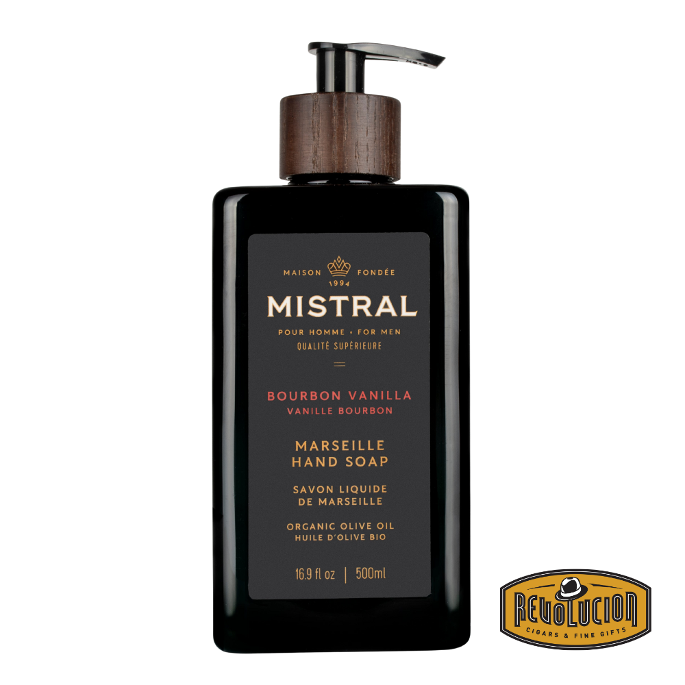 Mistral Hand Soap Bourbon Vanilla – 16.9 fl oz pump bottle featuring elegant amber-toned liquid and a refined label design.