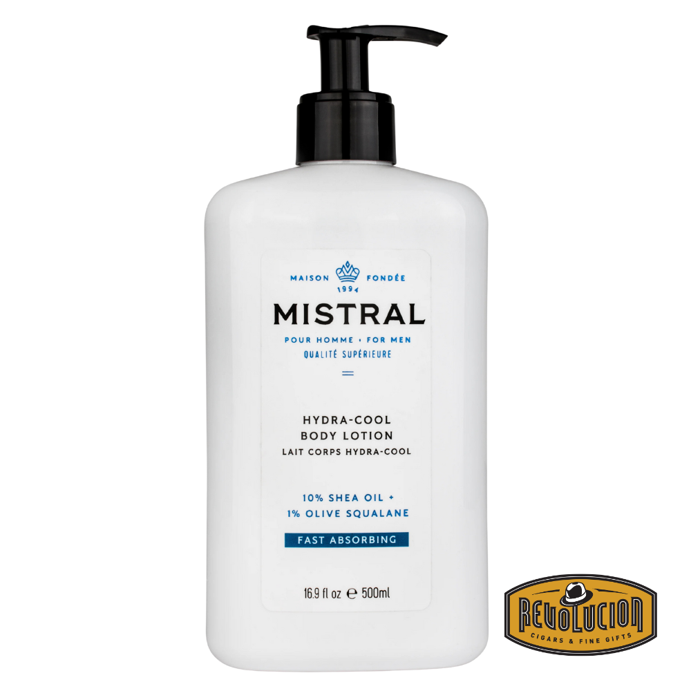Mistral Hydra-Cool Body Lotion 500ML – sleek, pump-top bottle in soft blue tones, designed for intensive skin hydration and cooling relief.
