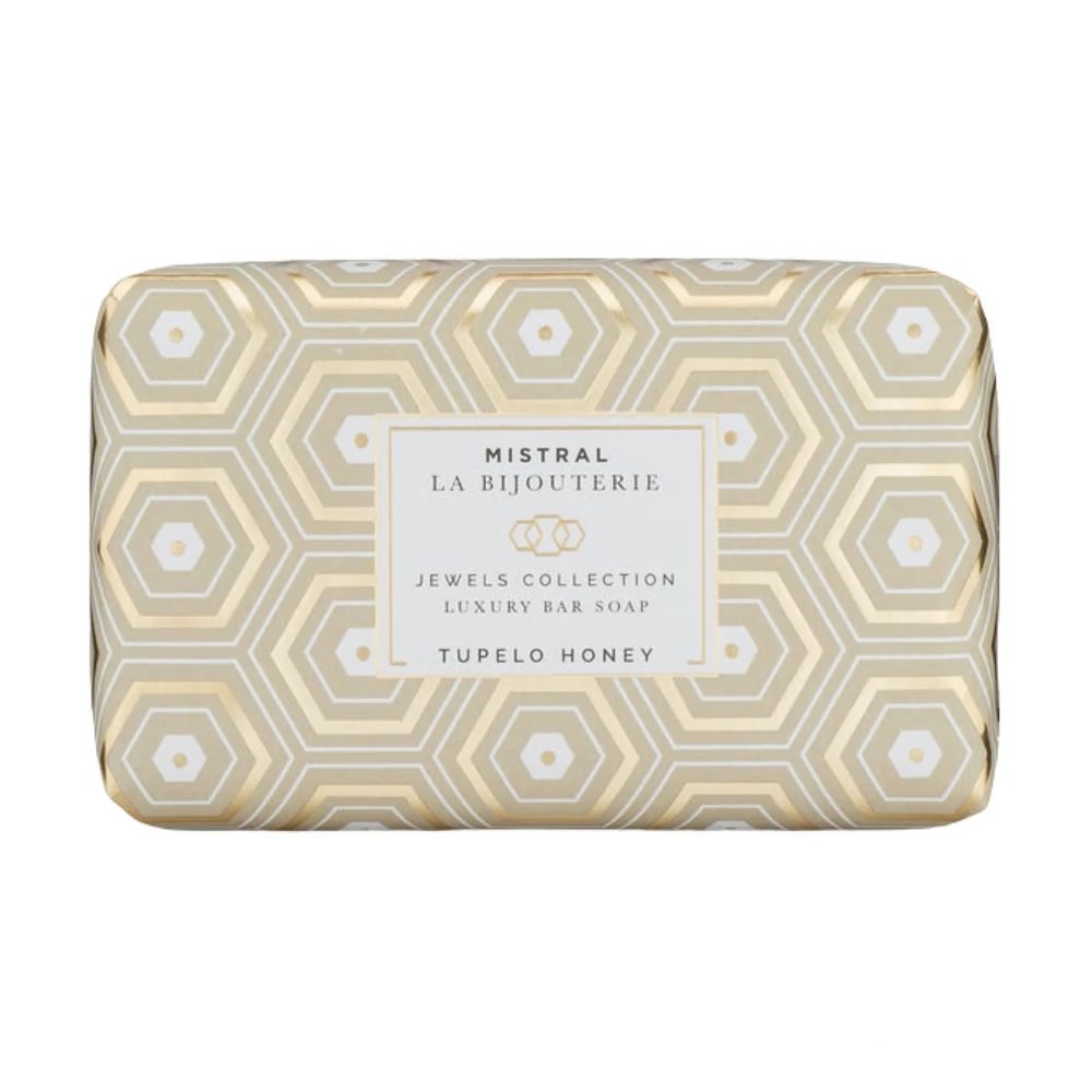 Mistral Jewels Tupelo Honey Soap Bar 200g – a beautifully crafted bar soap with elegant packaging, showcasing luxurious honey-inspired design and natural richness.