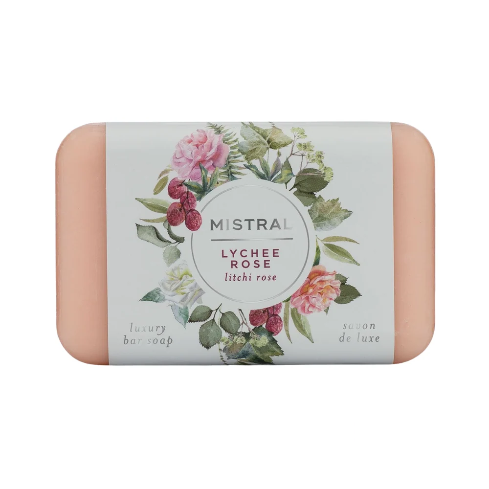 Mistral Lychee Rose Soap Bar 200g – a blush-toned French soap bar infused with the delicate scent of lychee and rose petals.