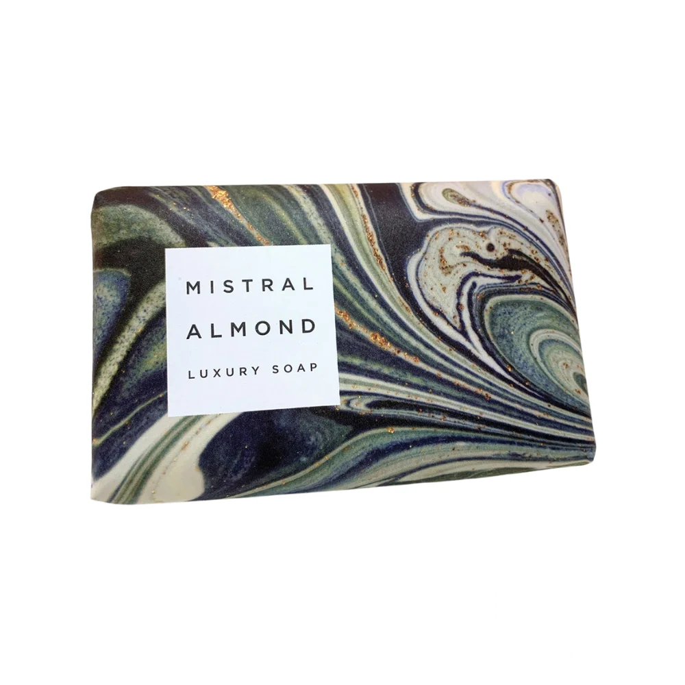Mistral Marbles Almond Soap Bar 200g – artisan soap with rich cream and beige marbling, designed for a soothing and indulgent cleansing experience.