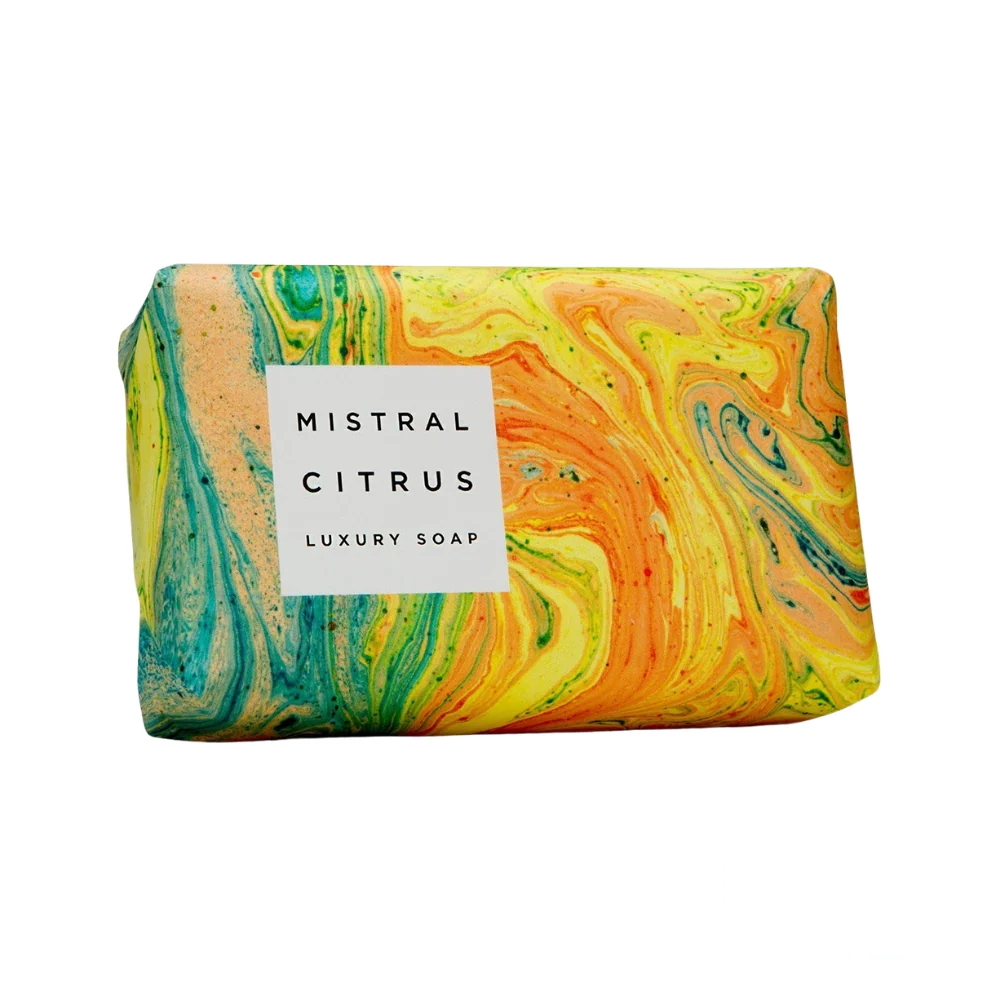 Mistral Marbles Citrus Soap Bar 200g – vibrant artisan soap with swirls of yellow and orange, crafted for a refreshing and energizing cleanse.