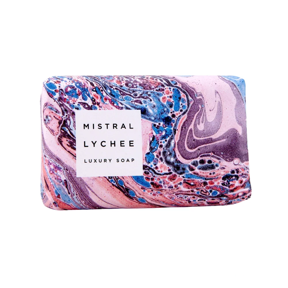 Mistral Marbles Lychee Luxury Soap Bar 200g – elegant marbled soap with pink and cream swirls, offering a refreshing lychee fragrance in a premium artisanal design.