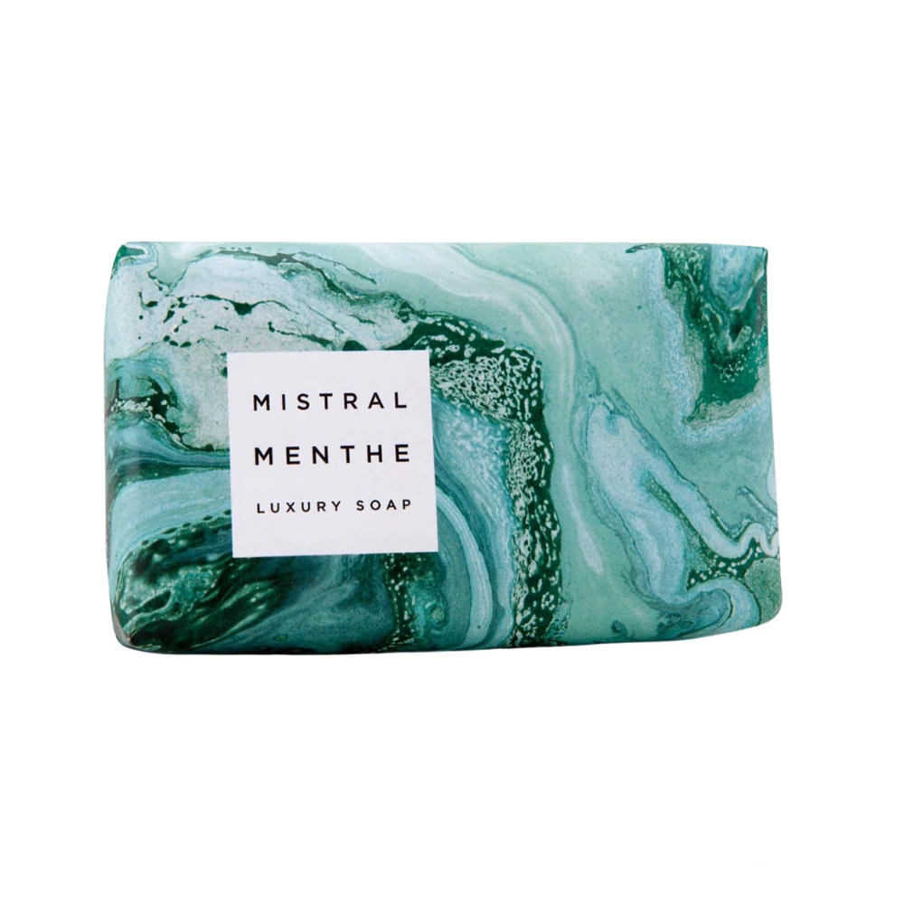 Mistral Marbles Mint Soap Bar 200g – artisan-crafted soap bar with green marbled swirls, offering a cool and refreshing mint scent.