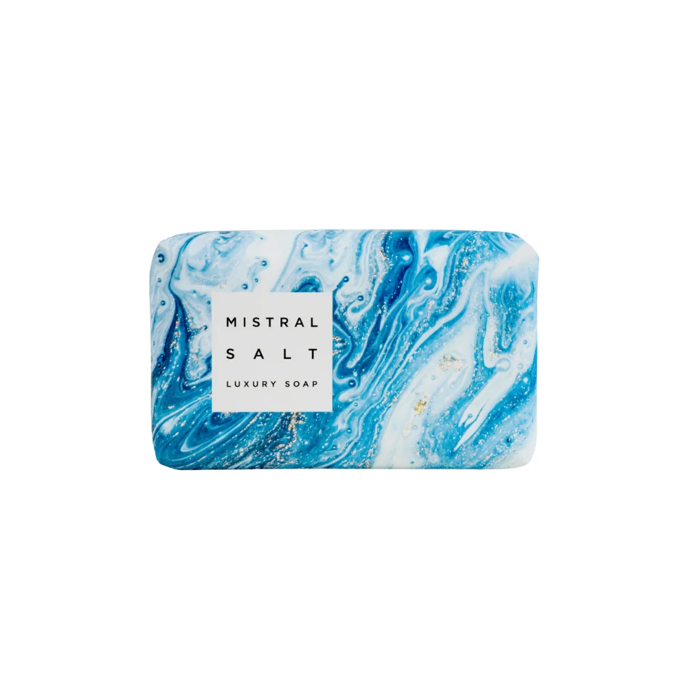 Mistral Marbles Salt Soap Bar 200g – a luxurious, marble-patterned soap bar with a mineral-rich formula, elegantly wrapped and crafted for deep cleansing and exfoliation.