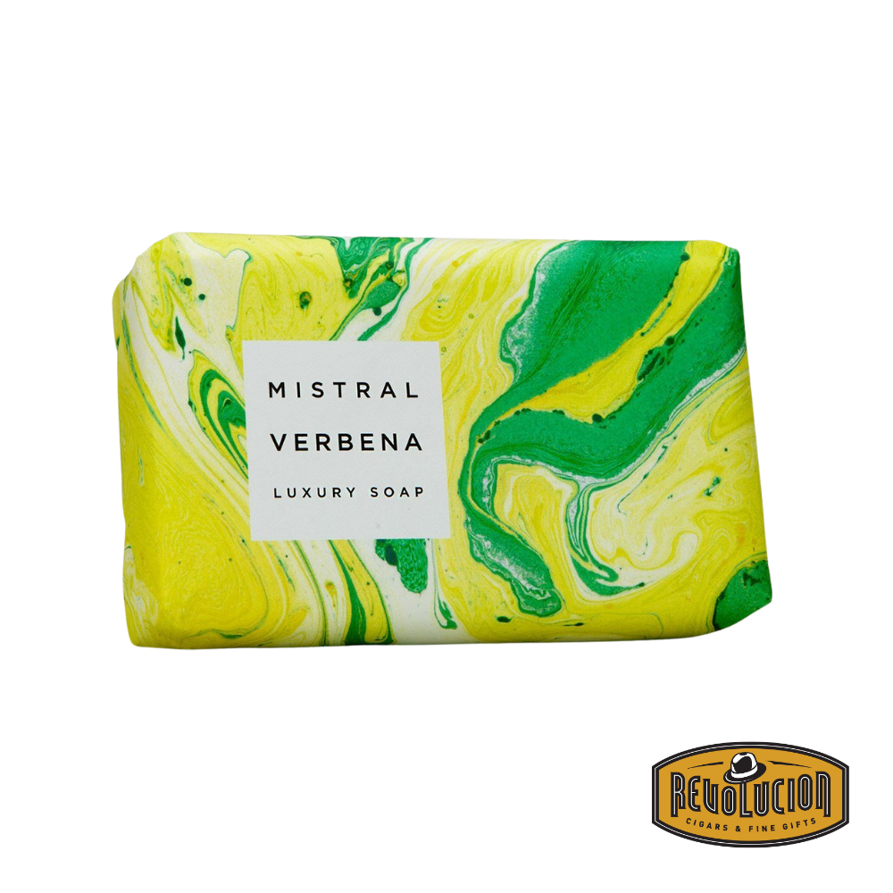 Mistral Marbles Verbena Soap Bar 200g – elegant bar soap with yellow marbled design, infused with the fresh, citrusy scent of verbena.