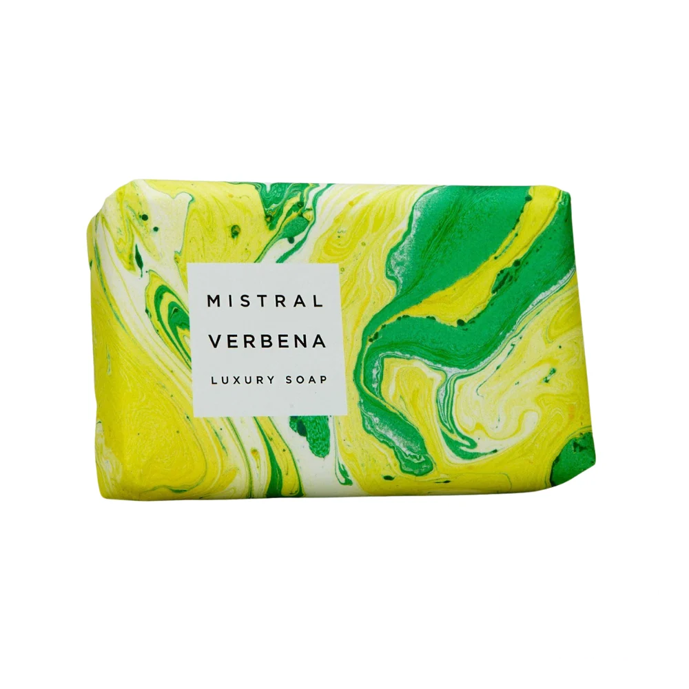 Mistral Marbles Verbena Soap Bar 200g – elegant bar soap with yellow marbled design, infused with the fresh, citrusy scent of verbena.