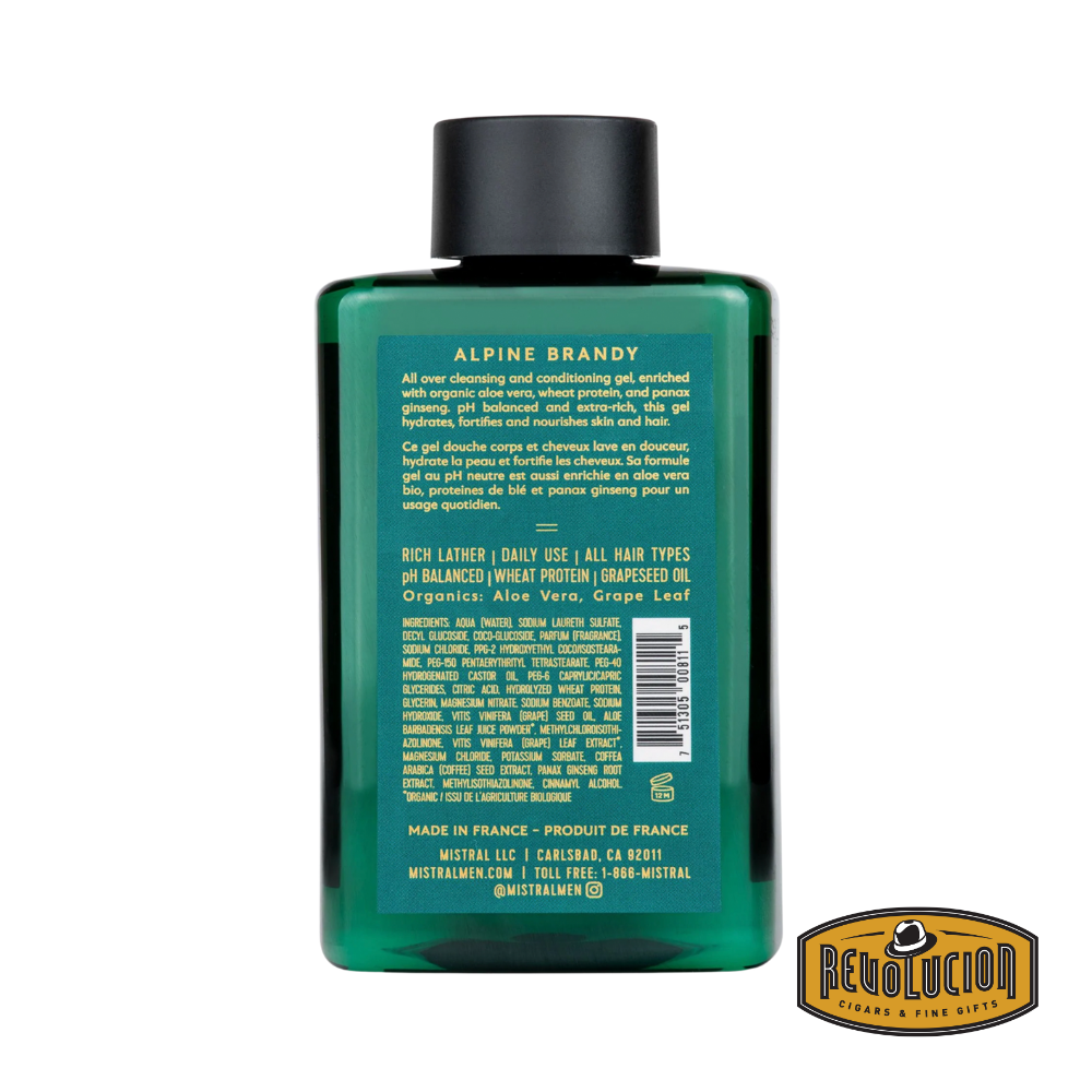 Mistral Men's Extra Rich Body & Hair Wash in Alpine Brandy scent, featuring a deep amber bottle with refined masculine detailing and a rugged alpine-inspired label.