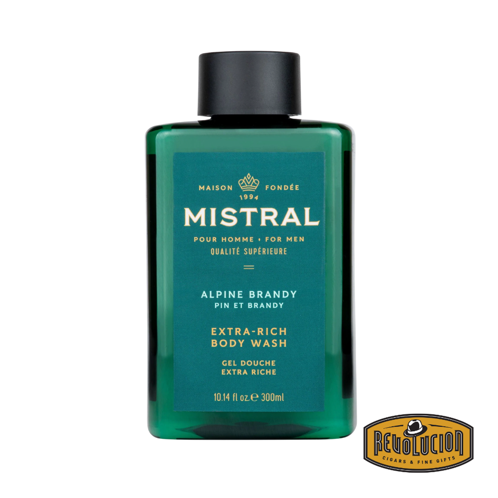 Mistral Men's Extra Rich Body & Hair Wash in Alpine Brandy scent, featuring a deep amber bottle with refined masculine detailing and a rugged alpine-inspired label.