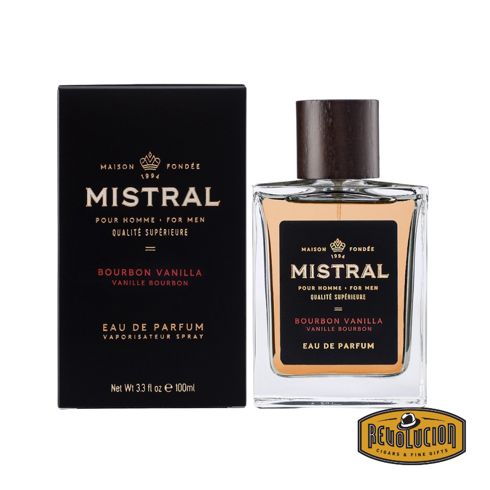 Mistral Men's Bourbon Vanilla Eau De Parfum bottle featuring a refined and elegant design with warm, masculine tones.