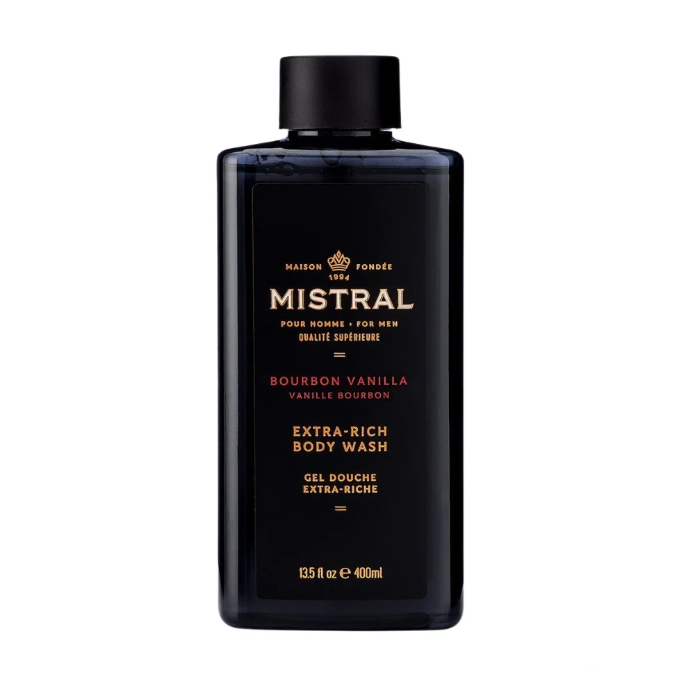 Mistral Men's Extra Rich Body & Hair Wash in Bourbon Vanilla, featuring a dark-toned bottle with warm, masculine branding.