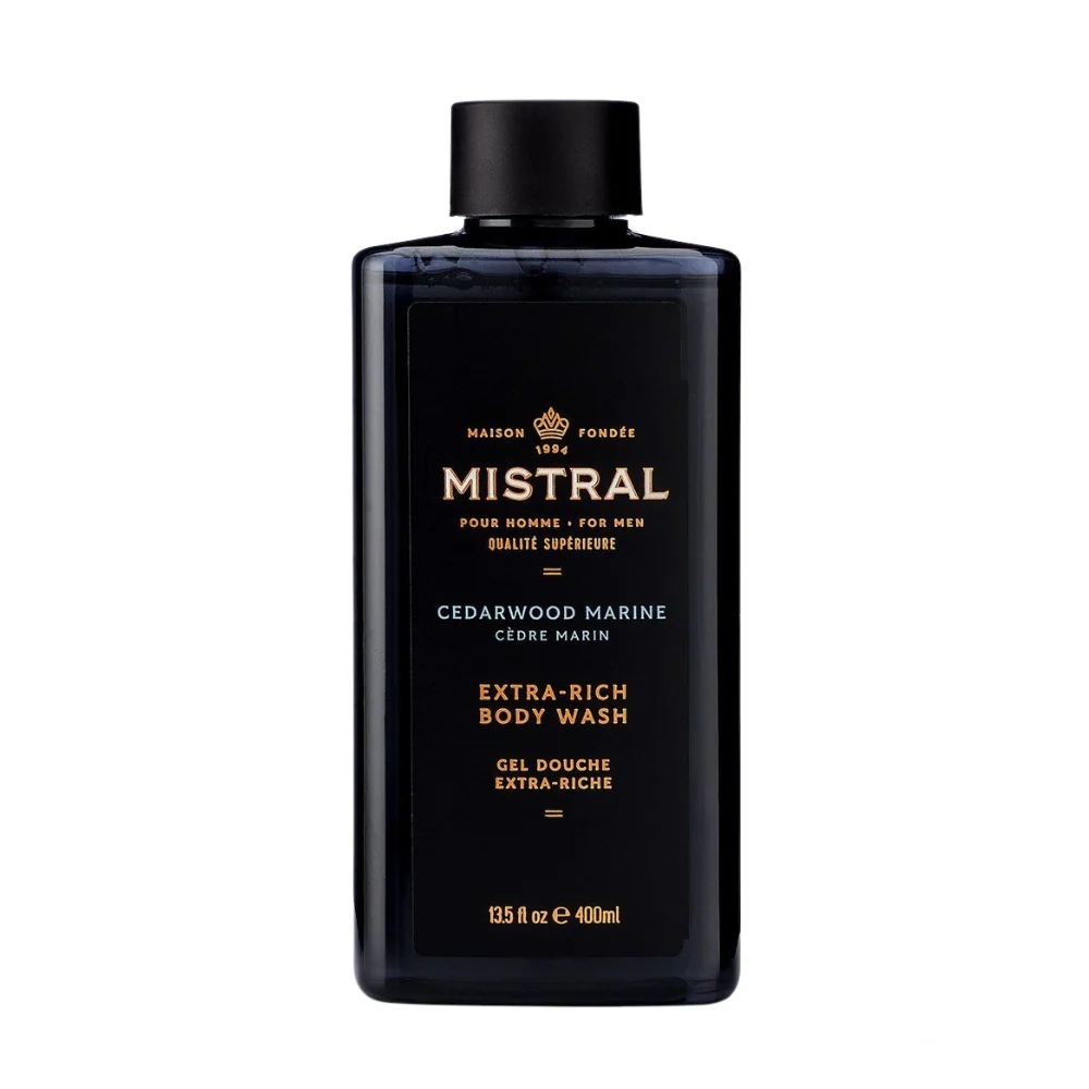 Mistral Men's Extra Rich Body & Hair Wash in Cedarwood Marine, with a sleek design and cool-toned label reflecting fresh, woody marine elements.