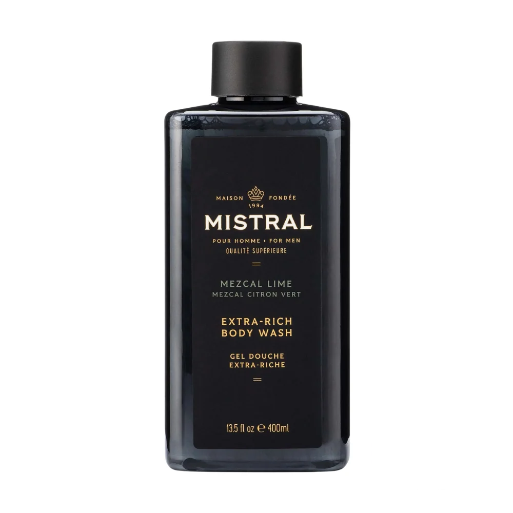 Mistral Men's Extra Rich Body & Hair Wash in Mezcal Lime, showcasing a vibrant design that highlights citrus and herbal influences.