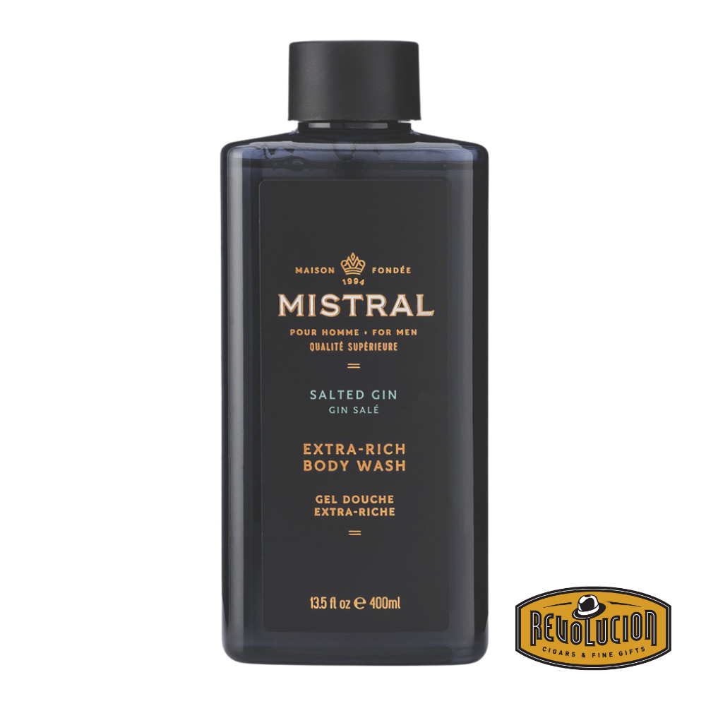 Mistral Men's Extra Rich Body & Hair Wash in Salted Gin scent, presented in a sleek bottle with nautical tones and clean, minimalist branding.