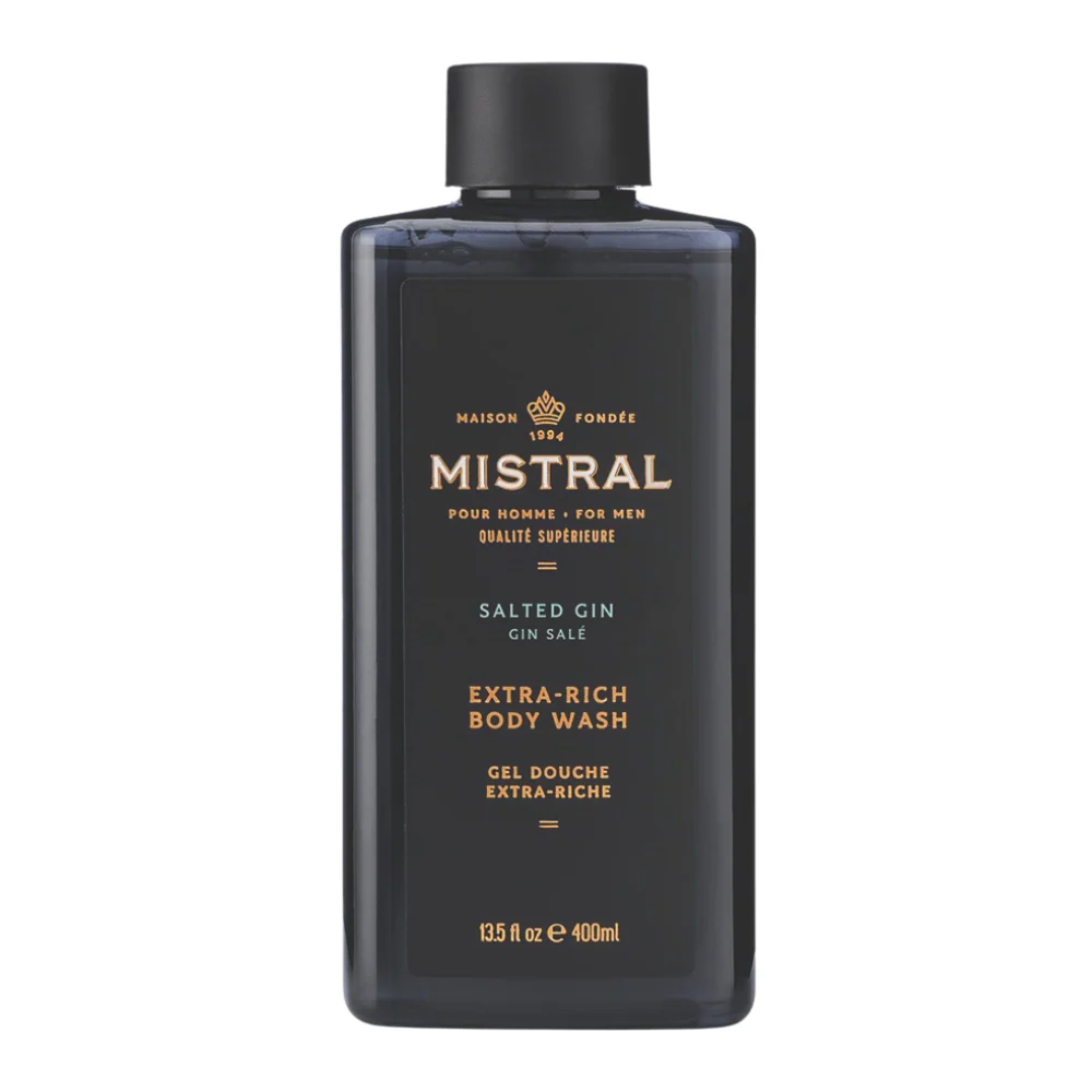 Mistral Men's Extra Rich Body & Hair Wash in Salted Gin scent, presented in a sleek bottle with nautical tones and clean, minimalist branding.
