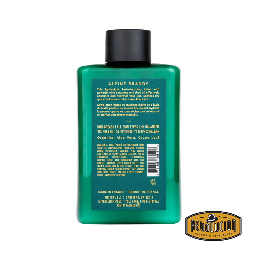 Mistral Men's Hydrating Body Lotion in Alpine Brandy scent, presented in a sleek 300ml bottle with modern, masculine packaging.