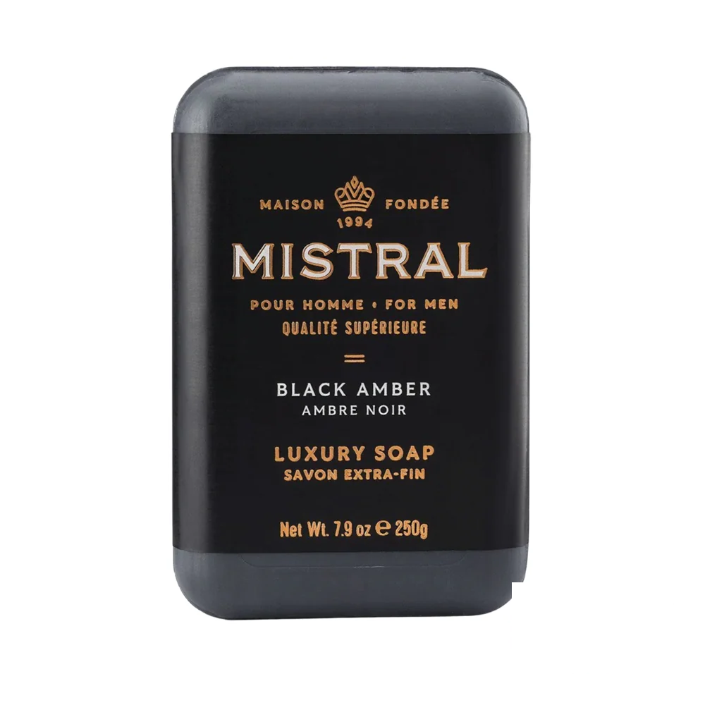 Mistral Men's Hydrating Soap Bar Black Amber – charcoal-colored bar with elegant design, crafted for a deep, hydrating cleanse.