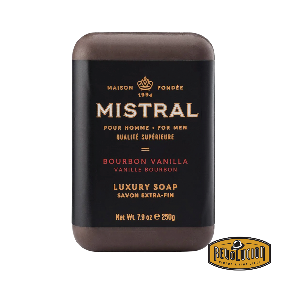 Mistral Men's Hydrating Soap Bar Bourbon Vanilla – deep brown soap bar with luxurious packaging, ideal for moisturizing skin.