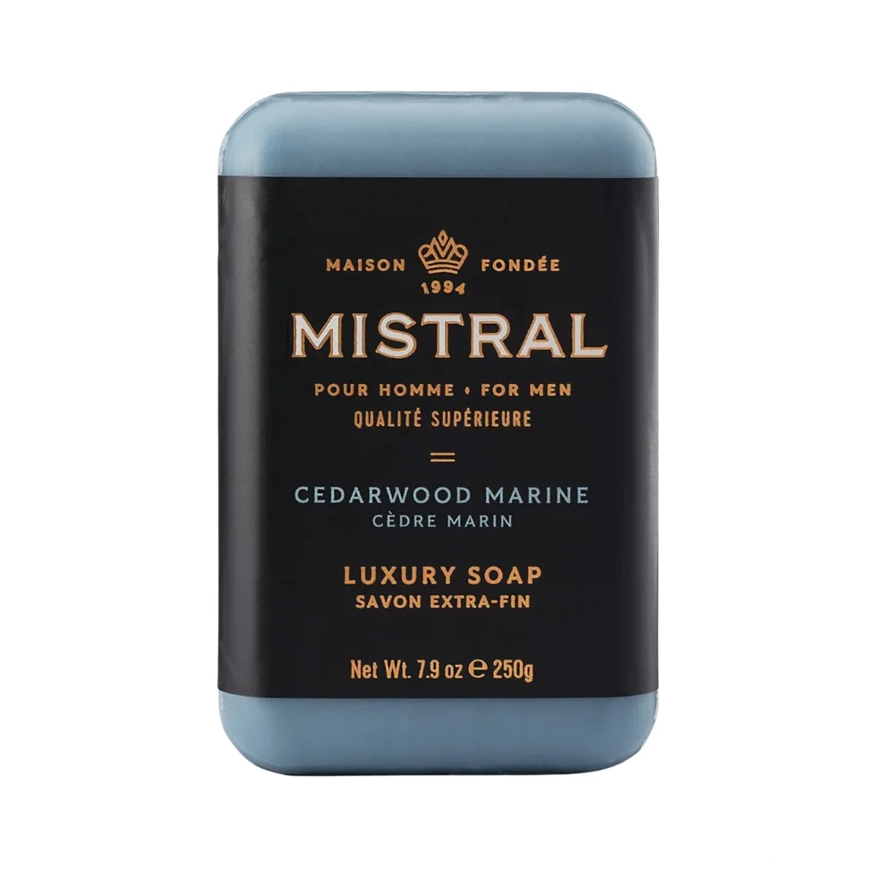 Mistral Men's Hydrating Soap Bar Cedarwood Marine – earthy soap bar in oceanic tones, combining woodsy depth with freshness.