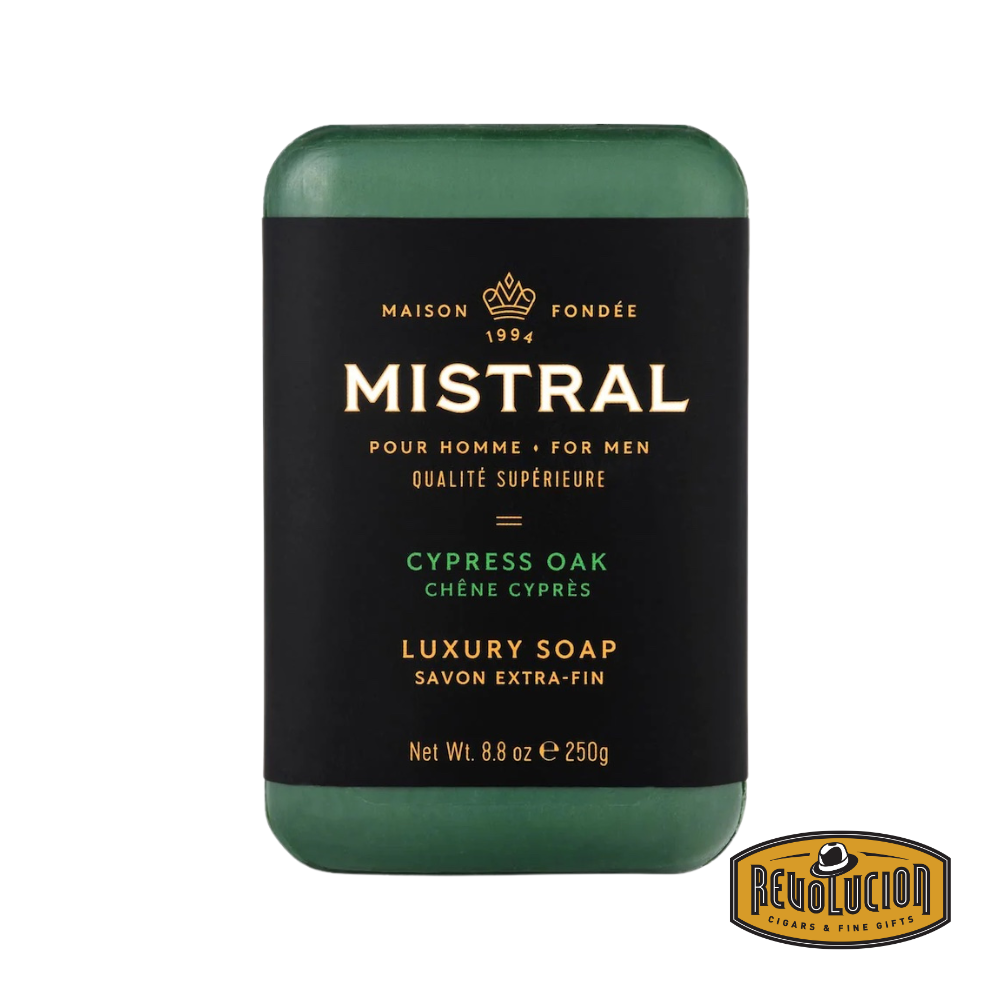 Mistral Men's Hydrating Soap Bar Cypress Oak – earthy-colored bar with a nature-themed design, formulated for everyday luxury.