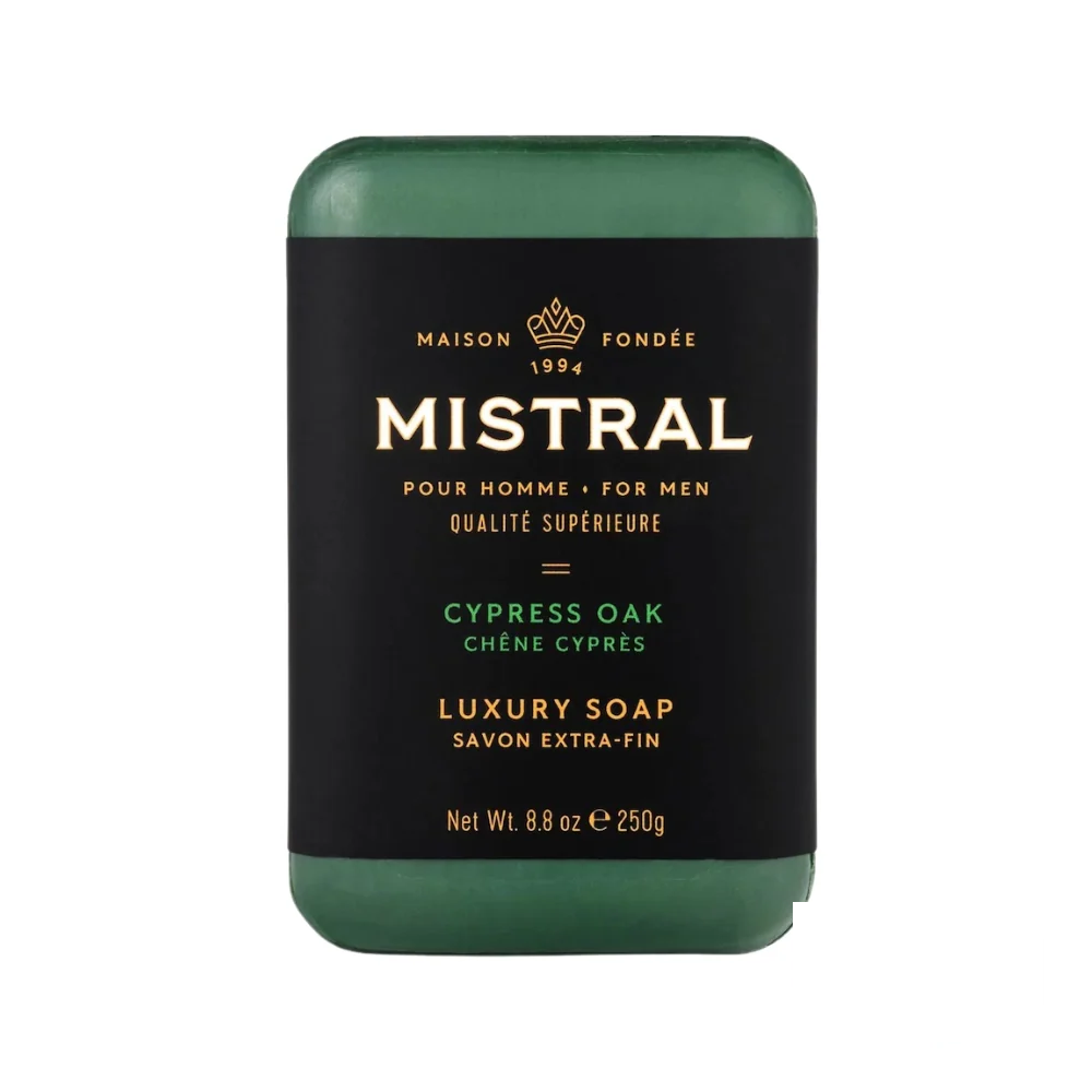 Mistral Men's Hydrating Soap Bar Cypress Oak – earthy-colored bar with a nature-themed design, formulated for everyday luxury.