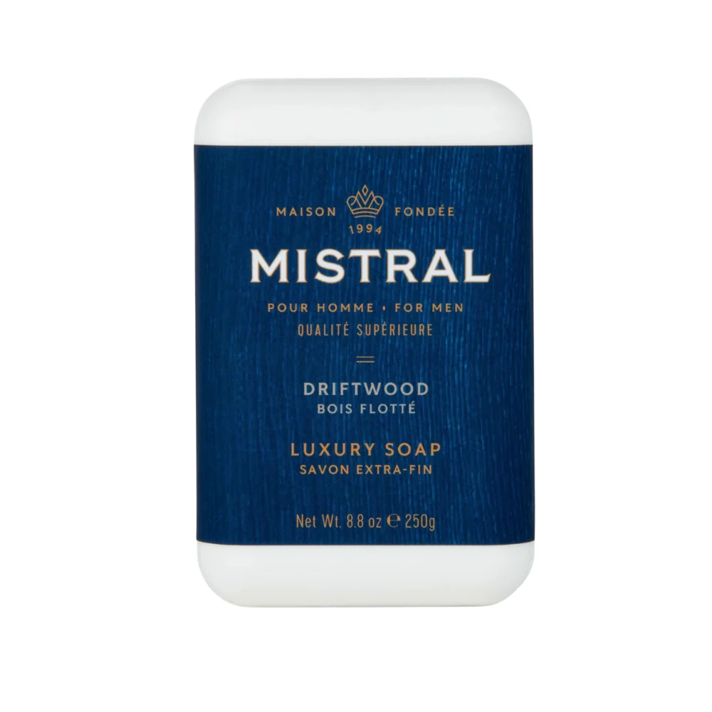 Mistral Men's Hydrating Soap Bar Driftwood – neutral-toned bar in driftwood-inspired wrap, giving a clean, grounded feel.