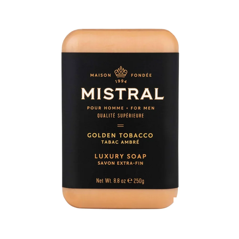 Mistral Men's Hydrating Soap Bar Golden Tobacco – golden soap bar in elegant packaging, ideal for smooth and aromatic skin.