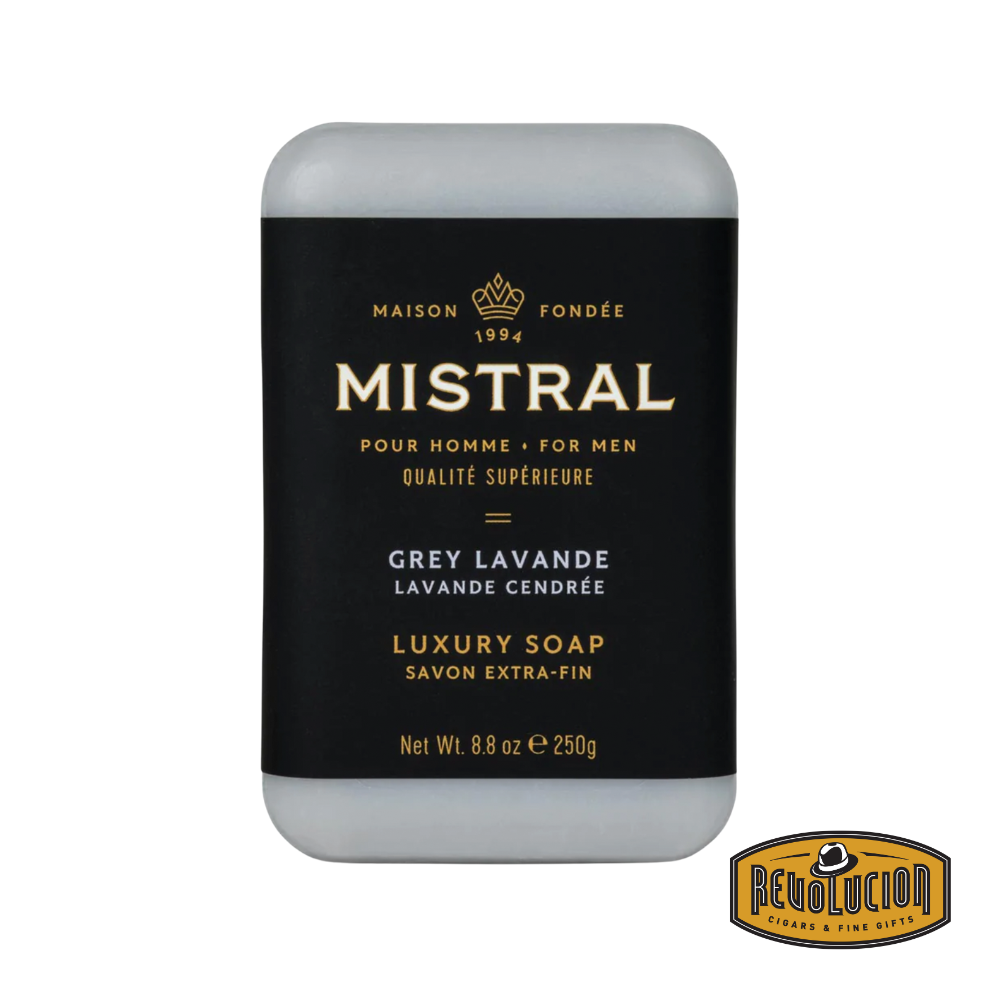Mistral Men's Hydrating Soap Bar Grey Lavande – stone-colored bar in lavender-themed wrap, offering soothing cleansing.