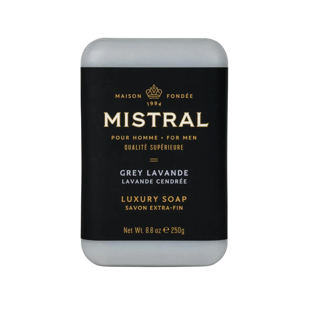 Mistral Men's Hydrating Soap Bar Grey Lavande – stone-colored bar in lavender-themed wrap, offering soothing cleansing.
