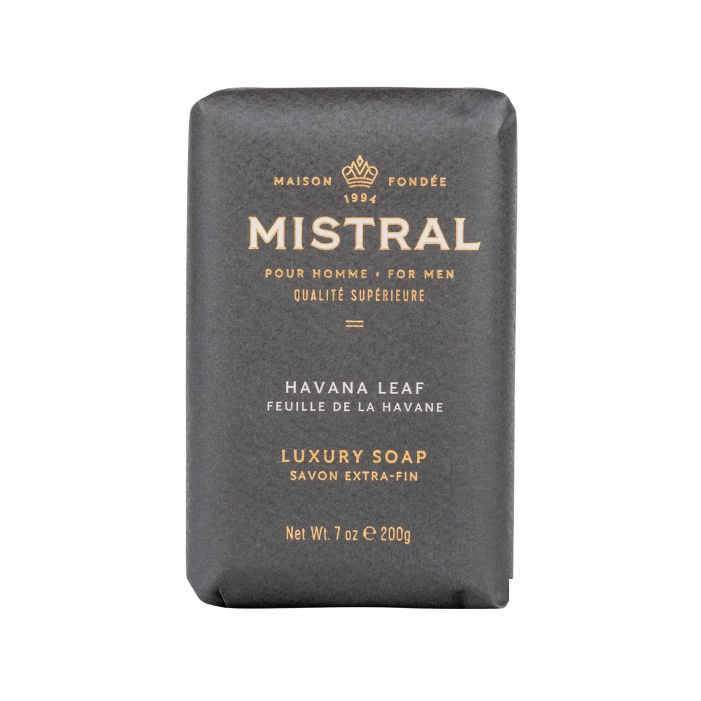 Mistral Men's Hydrating Soap Bar Havana Leaf – deep green bar wrapped in vintage tobacco-themed paper, offering a bold cleanse.