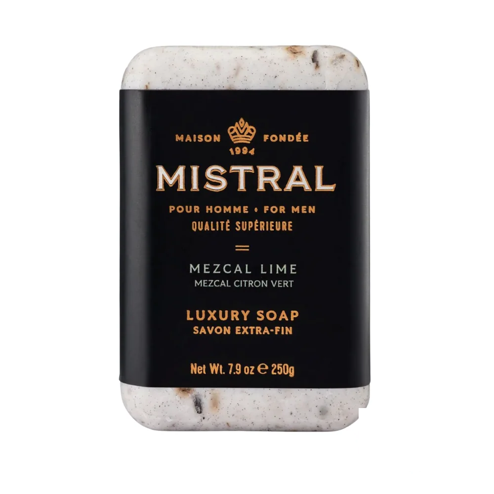 Mistral Men's Hydrating Soap Bar Mezcal Lime – fresh green bar in vibrant packaging, delivering refreshing citrus moisture.