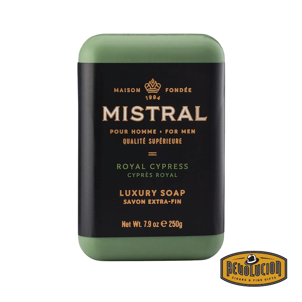 Mistral Men's Hydrating Soap Bar Royal Cypress – refined deep blue bar with regal design, crafted for elegant, soft skin.