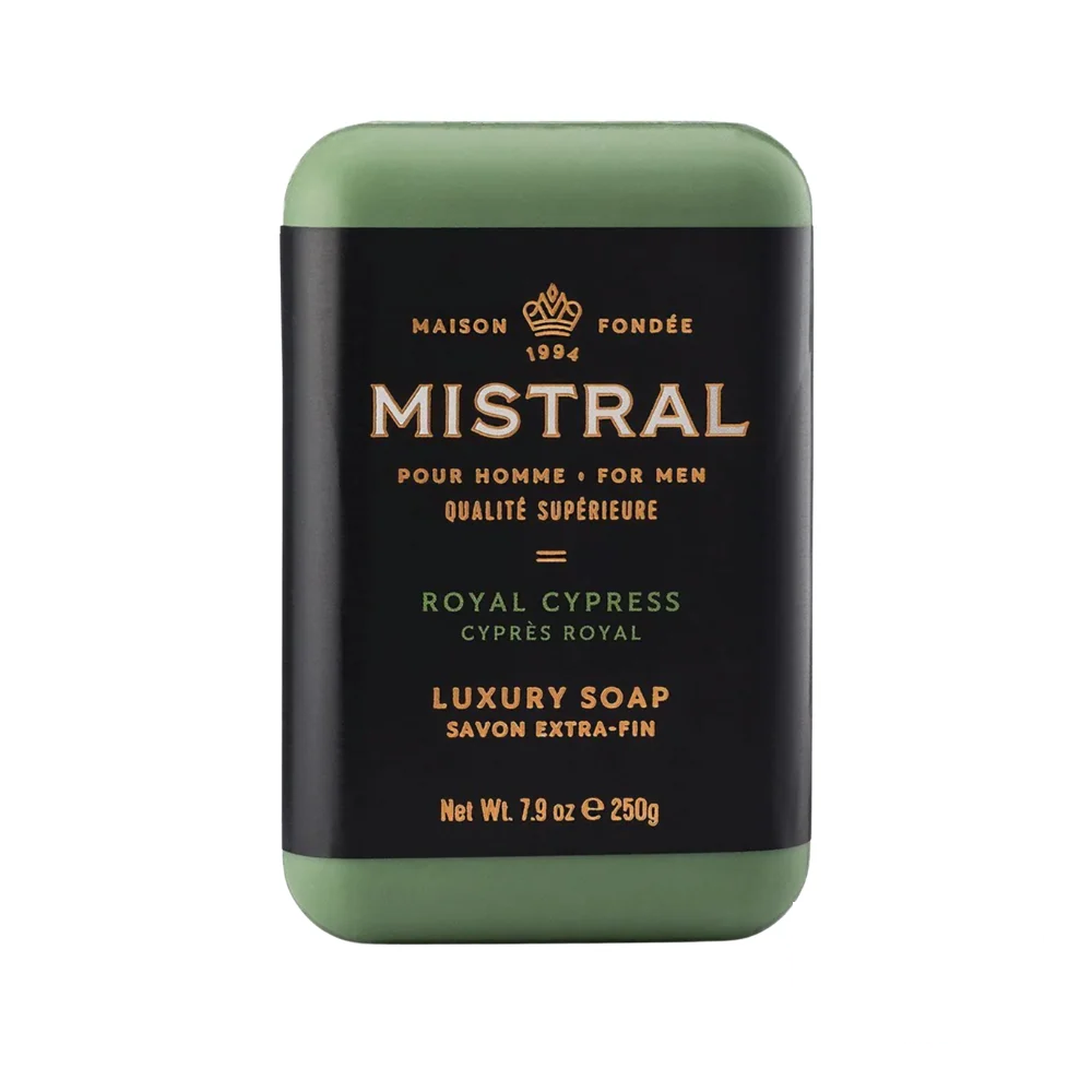 Mistral Men's Hydrating Soap Bar Royal Cypress – refined deep blue bar with regal design, crafted for elegant, soft skin.