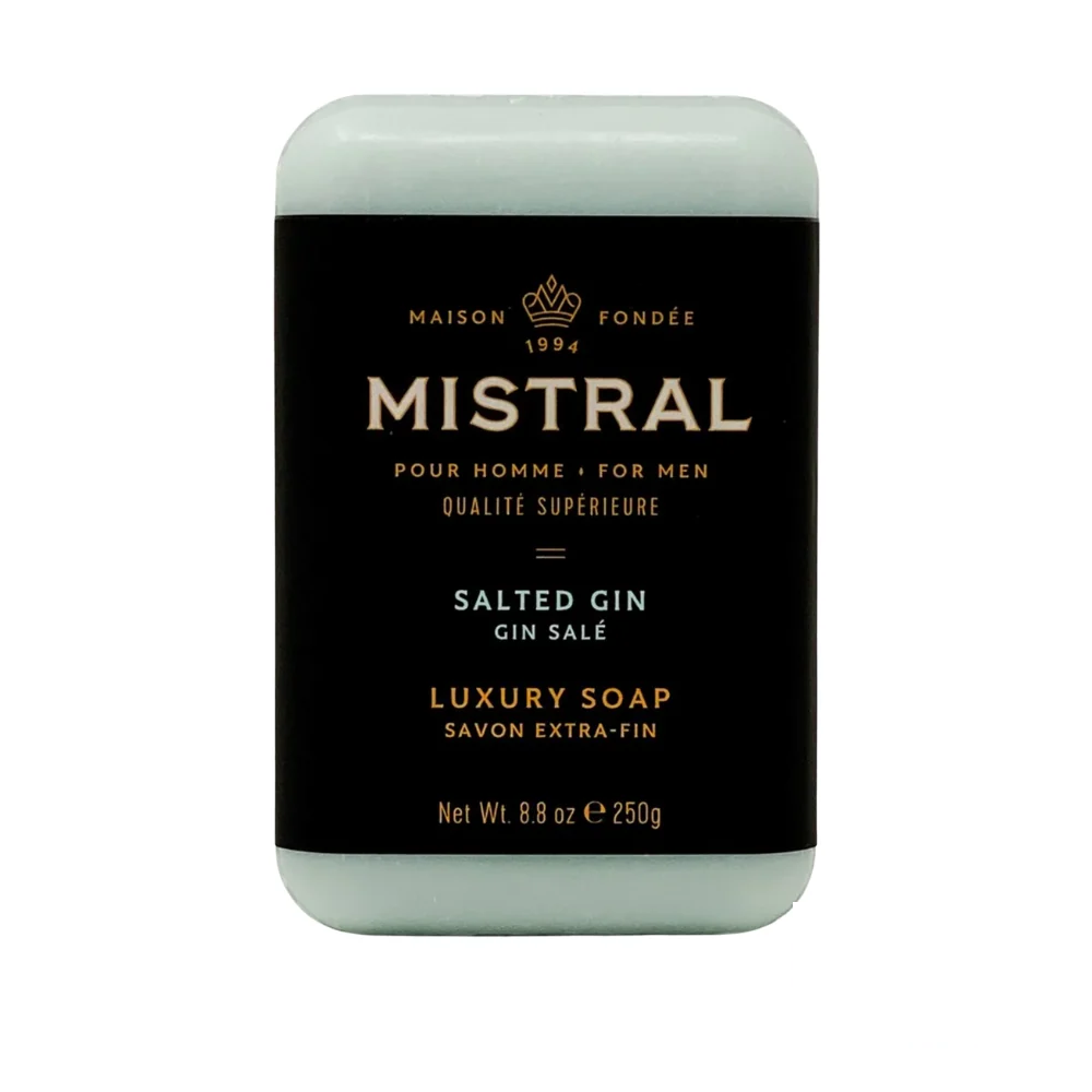 Mistral Men's Hydrating Soap Bar Salted Gin – cool-toned bar with minimalistic label, designed for crisp and clean hydration.