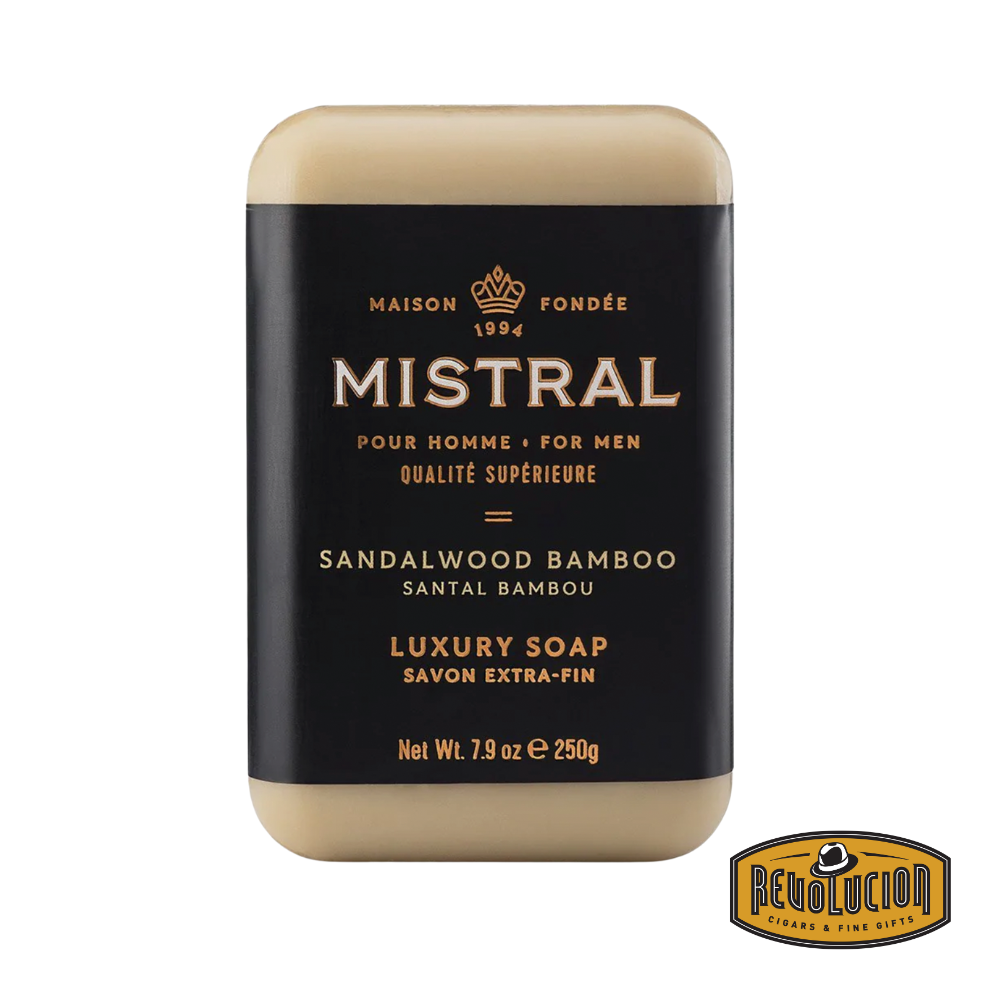 Mistral Men's Hydrating Soap Bar Sandalwood Bamboo – muted green bar in sleek packaging, delivering natural and balanced hydration.